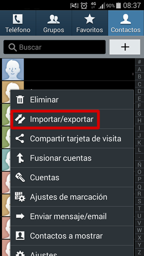 android contactos menu importar/exportar